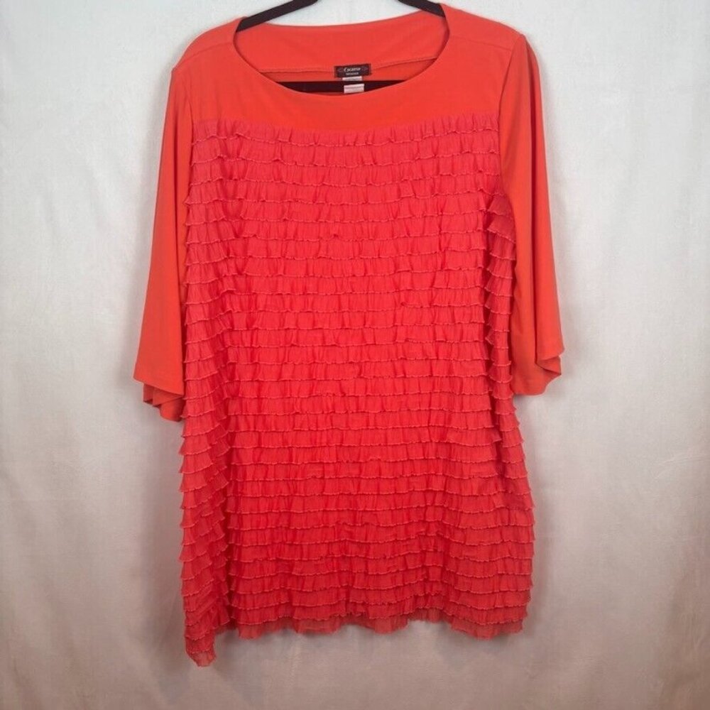 Cocomo Women's Orange Tiered Ruffle 3/4 Sleeve‎ Blouse Size 2X Stretch Colorful